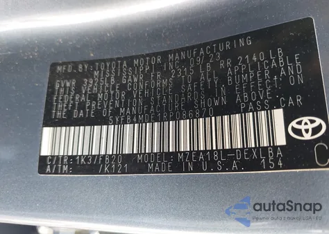 2024 Toyota Corolla Le из США, поврежденный, VIN 5YFB4MDE1RP086870